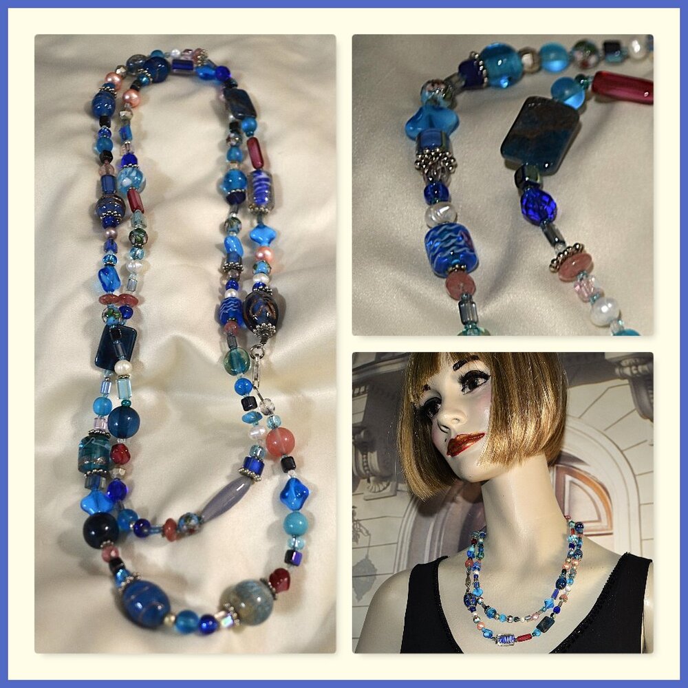 Necklace Handmade Artist Grace Daniels 42" Blue Murano Aventurine Gold Glass
